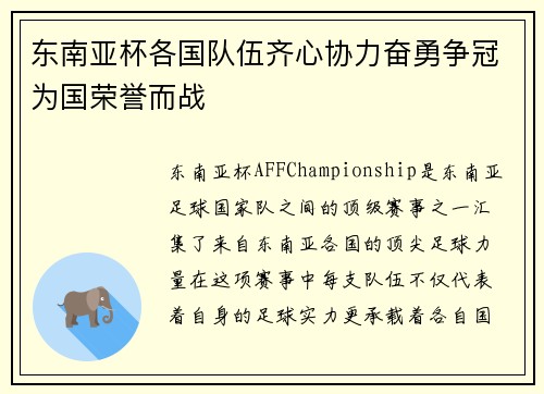 东南亚杯各国队伍齐心协力奋勇争冠为国荣誉而战