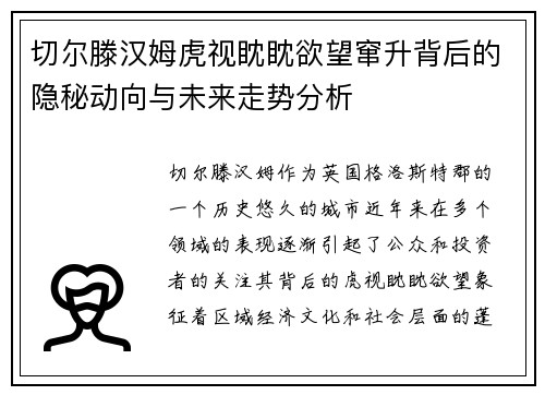 切尔滕汉姆虎视眈眈欲望窜升背后的隐秘动向与未来走势分析
